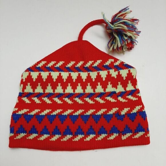 Retro 80's CAPPELLO 100% Wool Intarsia Geo Pattern Knit Beanie Hat w/ Pom-Pom OS - Picture 8 of 14